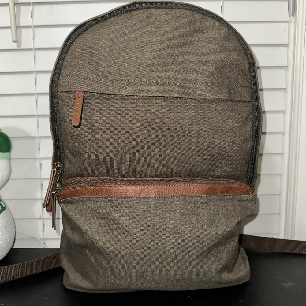 Fossil Canvas Backpack Brown Leather Trim Casual Travel School Bag Unisex